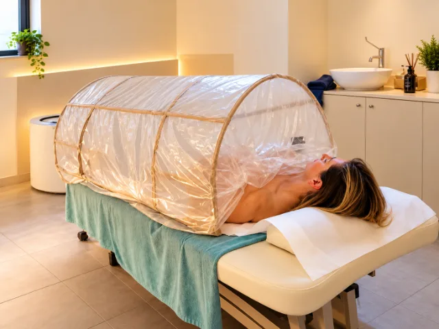 Sofia Beauty & Spa’da, vücudun buharla sarıldığı ve başın dışarıda kaldığı Endonezya bambusu bir düzenekte uygulanan buhar banyosu.