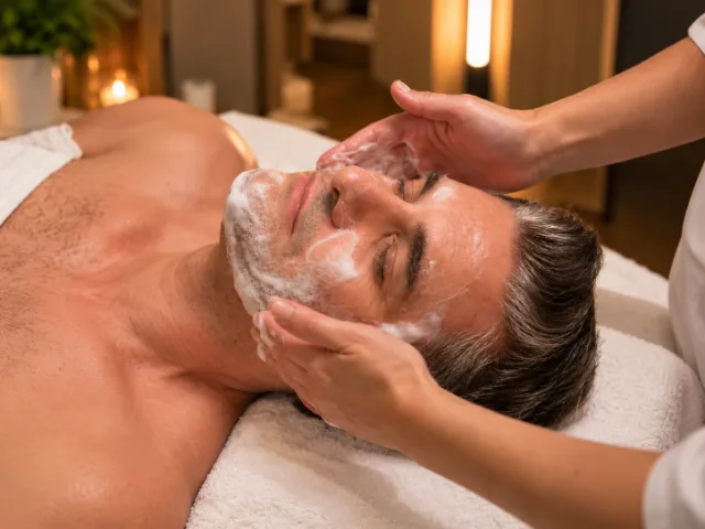 Tiefenreinigung des Gesichts bei einem Mann mit dem Auftragen einer kosmetischen Maske bei Sofia Beauty & Spa.