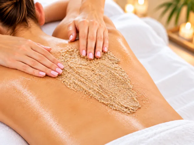 Sofia Beauty & Spa’da sırta peeling ürünü uygulanarak yapılan vücut peelingi uygulaması.