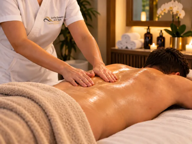 Eine Therapeutin massiert den Rücken eines Mannes im Sofia Beauty & Spa.