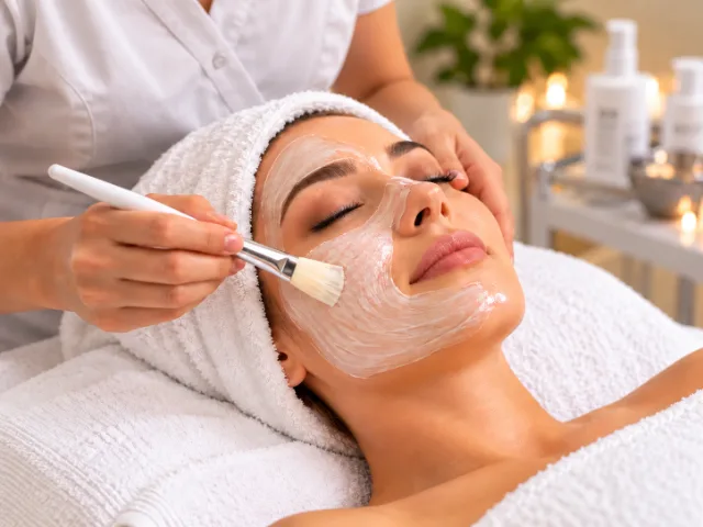 Individuelle Gesichtsbehandlung mit dem Auftragen einer Kosmetikmaske mit einem Pinsel bei Sofia Beauty & Spa.