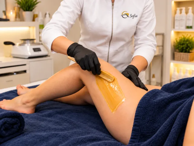 Sofia Beauty & Spa’da düşük sıcaklıkta ağda uygulanarak yapılan profesyonel Skin’s Brazilian Waxing epilasyonu.