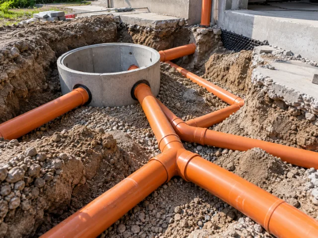 Installazione di tubazioni di scarico arancioni collegate a un pozzetto di ispezione interrato in un cantiere edile.
