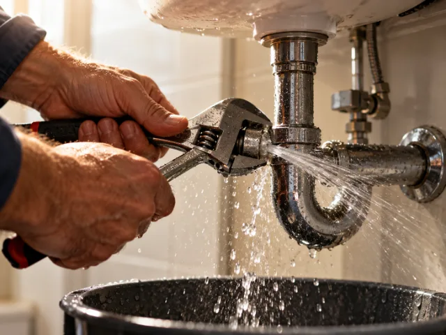 Idraulico durante la riparazione di una perdita d'acqua sotto un lavabo mediante una chiave regolabile.