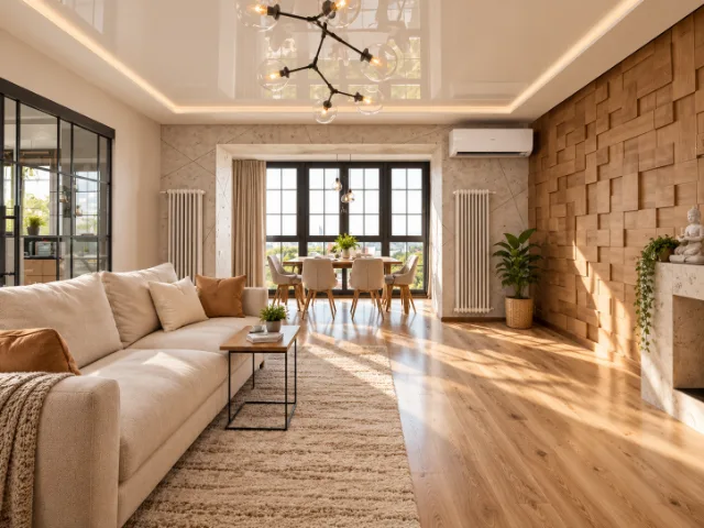 Soggiorno moderno e accogliente con climatizzatore a parete, arredamento dai colori caldi, pavimento in legno e ampie finestre che illuminano l'ambiente.