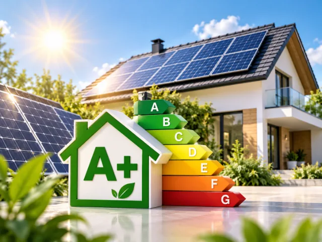 Abitazione moderna con pannelli fotovoltaici sul tetto e rappresentazione grafica delle classi energetiche dalla A alla G.