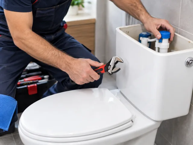 Idraulico durante un intervento di riparazione della cassetta di scarico del WC con regolazione dei componenti interni e utilizzo di una chiave professionale.
