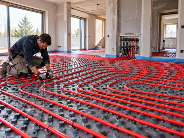 Tecnico durante la posa delle tubazioni rosse di un impianto di riscaldamento a pavimento su pannelli isolanti all'interno di un edificio in costruzione.