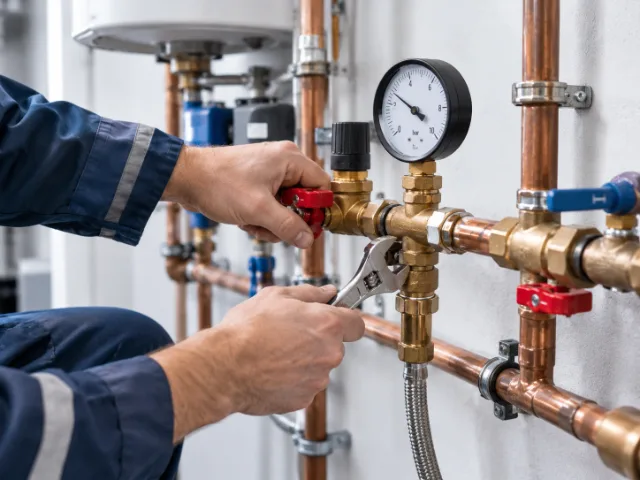 Tecnico durante la verifica della pressione dell'acqua tramite manometro e regolazione di una valvola dell'impianto idraulico.