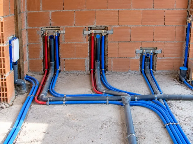Predisposizione delle tubazioni di carico e scarico dell'acqua su pareti in mattoni e pavimento di un edificio in costruzione.