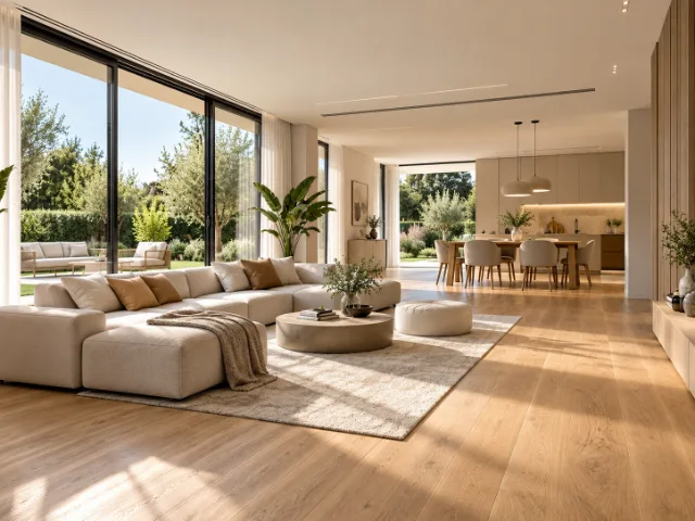 Soggiorno moderno e luminoso con pavimento in legno, ampie vetrate affacciate sul giardino e arredamento contemporaneo senza radiatori a parete.