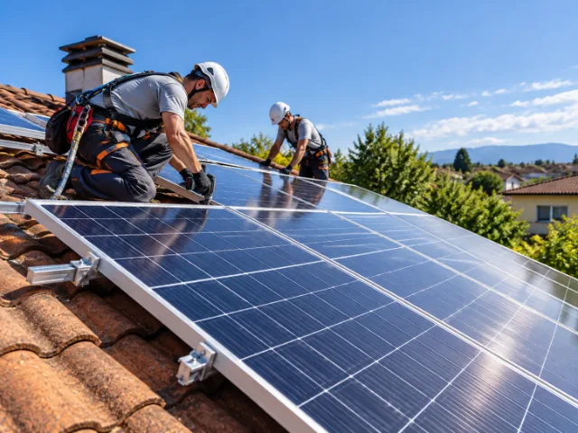 Due tecnici specializzati durante l'installazione di pannelli fotovoltaici sul tetto di un'abitazione.