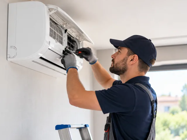 Tecnico durante un intervento su un climatizzatore a parete con pannello aperto e utilizzo di attrezzi professionali.