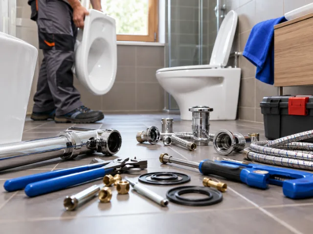 Tecnico durante la sostituzione di un sanitario in bagno con attrezzi, raccordi e componenti idraulici disposti sul pavimento.