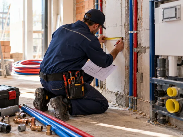 Tecnico durante la misurazione e la predisposizione dei collegamenti idraulici in un ambiente in ristrutturazione.