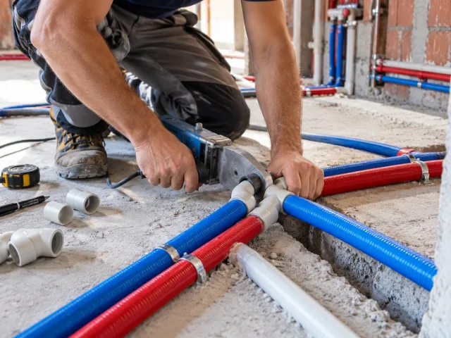 Tecnico durante la posa e il collegamento delle tubazioni idriche rosse e blu all'interno di un edificio in costruzione.