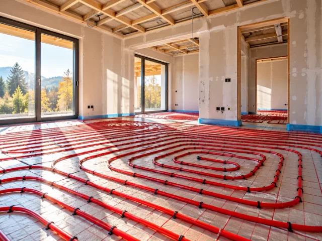 Impianto di riscaldamento a pavimento con tubazioni radianti rosse già posate su pannelli isolanti all'interno di un'abitazione in fase di ristrutturazione.