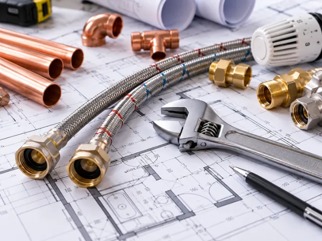 Strumenti e materiali per impianti idraulici, tra cui tubazioni in rame, raccordi in ottone, flessibili e chiave regolabile, disposti su un progetto tecnico per la realizzazione di impianti.