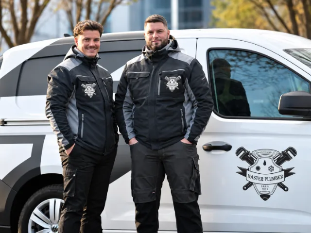 Due professionisti in abbigliamento da lavoro con il logo Master Plumber posano davanti a un furgone aziendale bianco con il marchio dell'azienda, a rappresentare professionalità e identità aziendale.