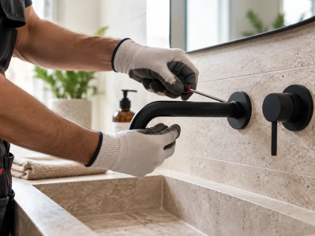 Idraulico durante l'installazione di un rubinetto a parete nero con l'utilizzo di un cacciavite e strumenti professionali.
