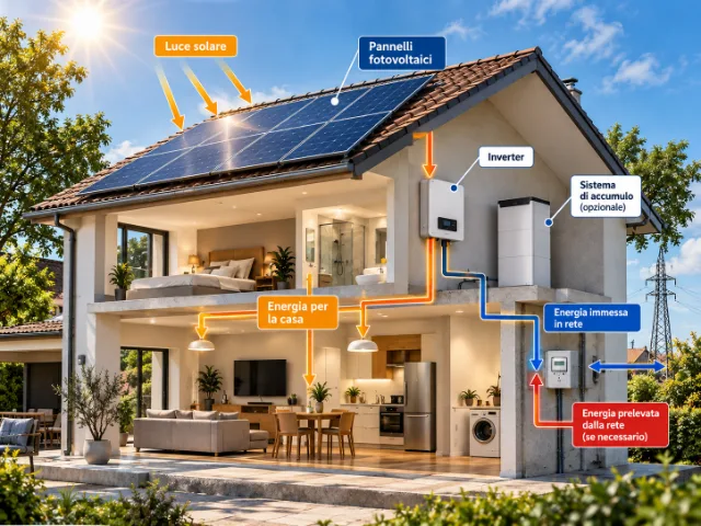 descrizione immagine Illustrazione del funzionamento di un impianto fotovoltaico domestico con pannelli solari, inverter, sistema di accumulo e flussi di energia tra abitazione e rete elettrica.