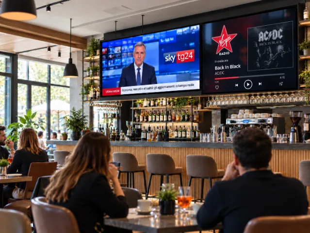 Innenansicht einer modernen Bar mit Gästen an den Tischen und zwei Fernsehern, auf denen Sky TG24 und Virgin Radio laufen; dazu wird ein Song von AC/DC abgespielt.