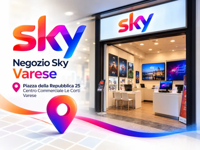 Sky 로고, 매장 입구, 레 코르티 쇼핑센터 내 주소가 표시된 Sky 바레세 매장 그래픽.