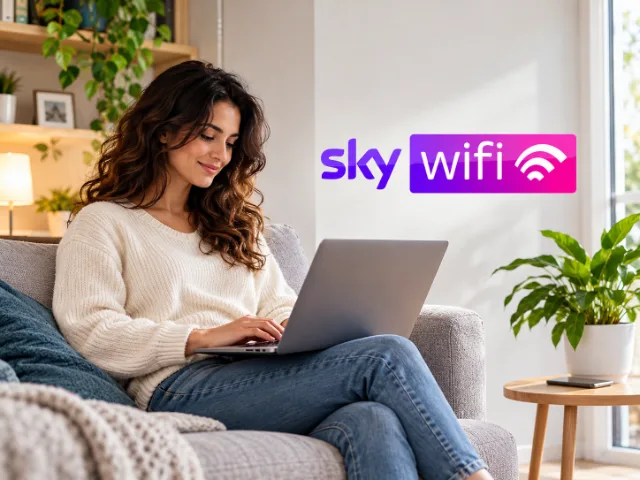 Donna seduta sul divano mentre utilizza un computer portatile in un soggiorno moderno e luminoso, con logo Sky Wifi in evidenza sullo sfondo.