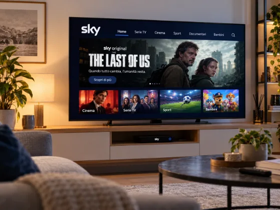 Televisore con interfaccia Sky TV in un soggiorno moderno, con contenuti dedicati a serie TV, cinema, sport e intrattenimento.