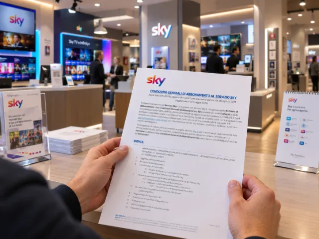 Ein Kunde informiert sich in einem Sky-Shop über die allgemeinen Abonnementbedingungen. Im Hintergrund sind Werbeaufsteller und Fernseher zu sehen.