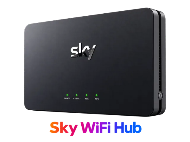 Router Sky WiFi Hub nero dal design moderno e compatto, con logo Sky centrale e indicatori LED verdi per alimentazione, connessione Internet, WPS e WiFi.
