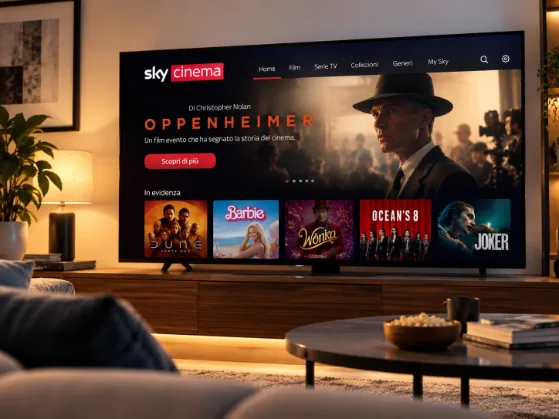 Televisore con interfaccia Sky Cinema in un soggiorno moderno, con il film Oppenheimer in evidenza e una selezione di titoli tra cui Dune, Barbie, Wonka, Ocean’s 8 e Joker.
