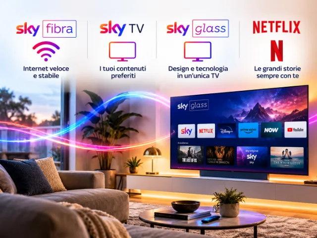 Grafica dei servizi Sky Fibra, Sky TV, Sky Glass e Netflix, ambientata in un soggiorno moderno con televisore, icone dedicate e dettagli luminosi multicolore.