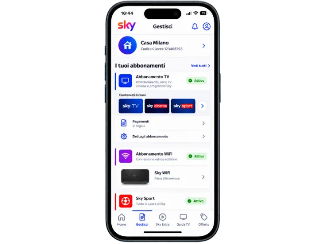 Smartphone mit einer Ansicht der My-Sky-App zur Verwaltung von TV- und WLAN-Abonnements mit Details zu aktiven Diensten und zum Zahlungsstatus.