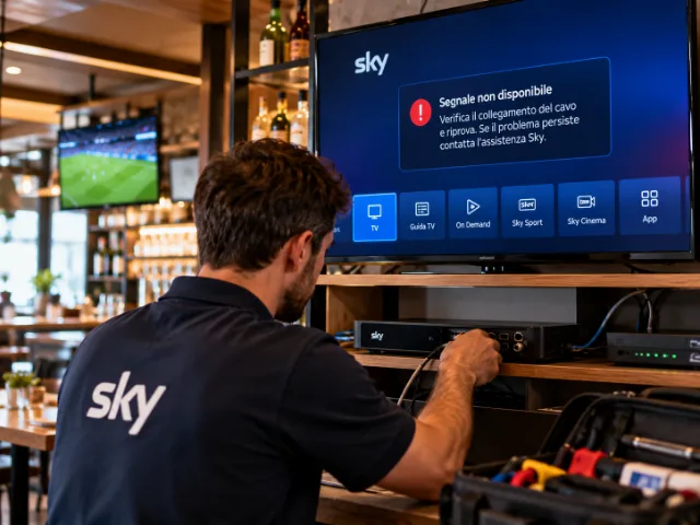 Ein Sky-Techniker überprüft die Anschlüsse eines Receivers in einem Geschäft, während auf dem Fernseher die Meldung „Kein Signal verfügbar“ angezeigt wird.
