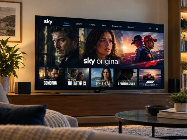 Televisore Sky in un soggiorno moderno con schermata dedicata alle serie Sky Original e ai contenuti di intrattenimento disponibili sulla piattaforma.