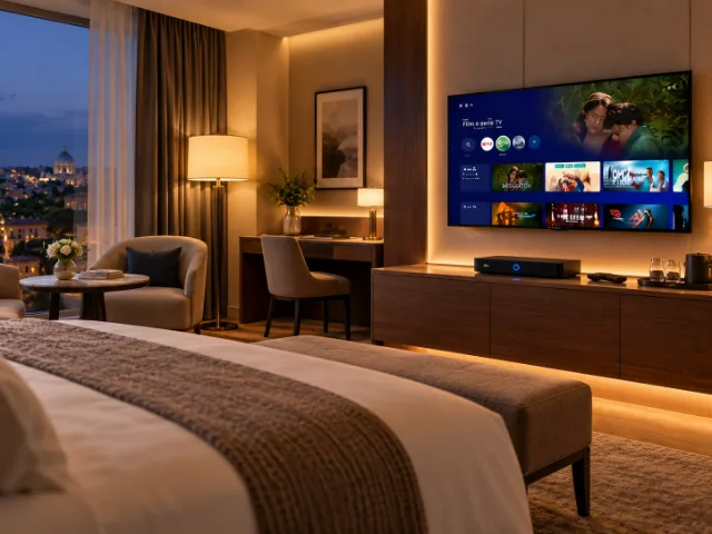 Modernes, elegantes Hotelzimmer mit Doppelbett, Sitzbereich und Fernseher mit einer Sky-Oberfläche für Filme, Serien und Streaming-Inhalte.
