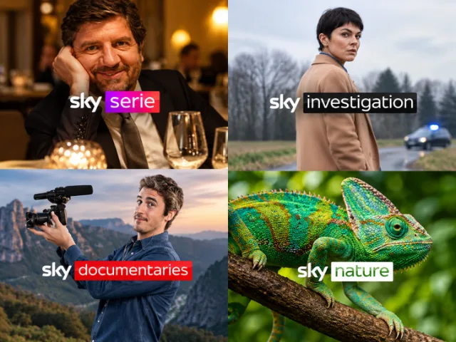 Immagine promozionale Sky con quattro riquadri dedicati a serie TV, investigazione, documentari e natura, ciascuno con il relativo logo.