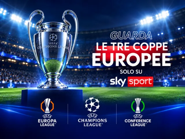 Trofeo UEFA Champions League in primo piano all’interno di uno stadio illuminato, con logo Sky Sport e riferimenti alle tre competizioni europee: Champions League, Europa League e Conference League.