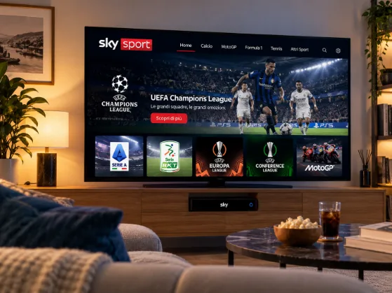 Televisore con interfaccia Sky Sport in primo piano all’interno di un soggiorno moderno, con contenuti dedicati a UEFA Champions League, Serie A, Serie BKT, Europa League, Conference League e MotoGP.