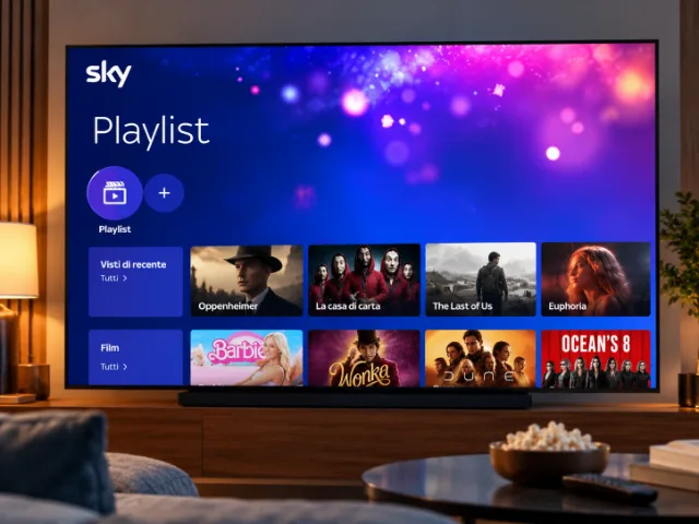 Televisore con interfaccia Sky Playlist in primo piano all’interno di un soggiorno moderno, con una selezione di film e serie TV organizzati nelle sezioni “Visti di recente” e “Film”.