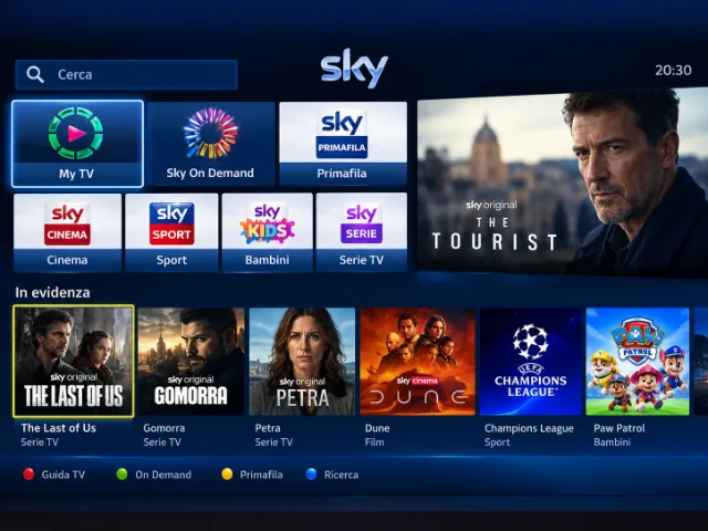 Schermata dell'interfaccia Sky con menu di navigazione, categorie TV e contenuti in evidenza tra film, serie, sport e programmi per bambini.