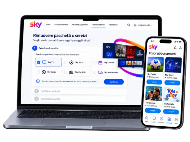 Laptop und Smartphone mit Sky-Bildschirmen zur Verwaltung von Abonnements, Paketen und aktiven Diensten.