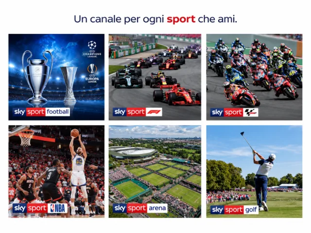 Immagine promozionale Sky Sport con sei riquadri dedicati a calcio, Formula 1, MotoGP, basket NBA, tennis e golf, ciascuno con il relativo logo Sky Sport.