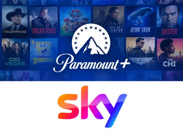 Immagine promozionale con i loghi Paramount+ e Sky, accompagnati da una selezione di film, serie TV e contenuti di intrattenimento.