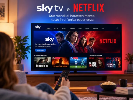Televisore con contenuti Sky TV e Netflix in un soggiorno moderno, con una persona che utilizza il telecomando e i loghi dei due servizi.