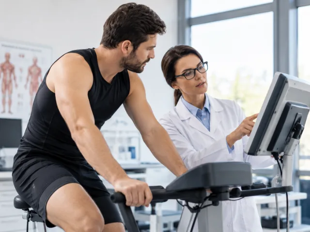 Atleta durante una valutazione funzionale su cicloergometro mentre un'operatrice sanitaria illustra i dati visualizzati sul monitor.
