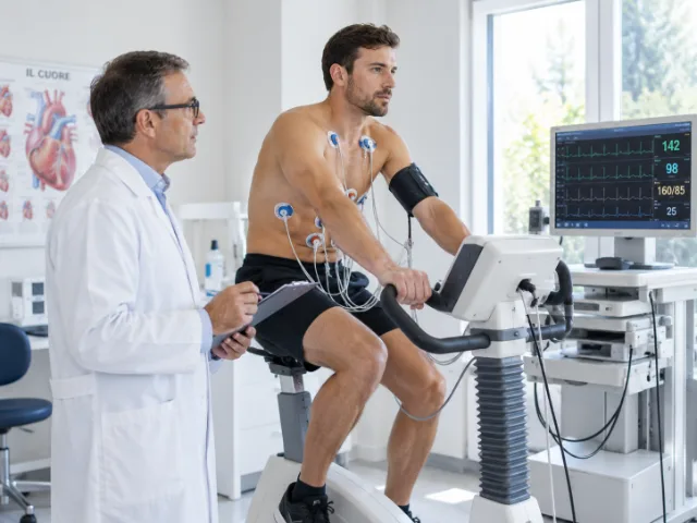 Paziente durante un ECG sotto sforzo su cicloergometro con elettrodi applicati al torace e monitoraggio cardiaco.
