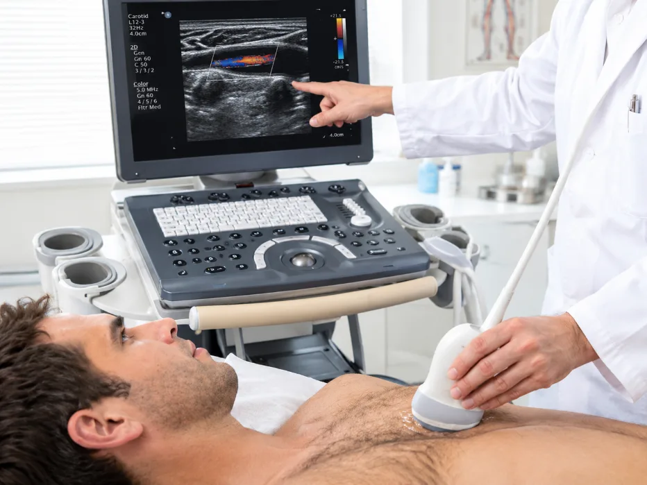 Medico durante un esame ecografico con sonda appoggiata sul torace di un paziente, mentre osserva le immagini diagnostiche sul monitor.