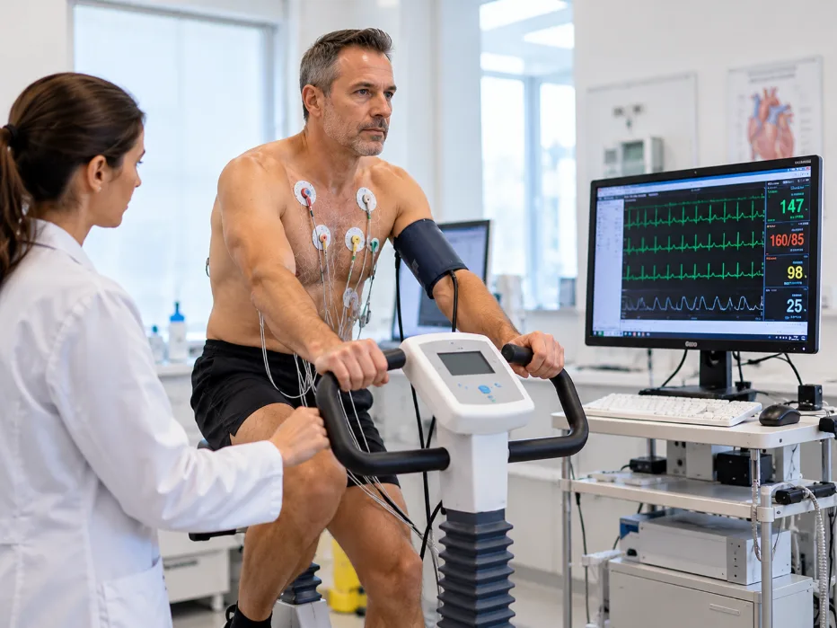 Paziente durante un elettrocardiogramma sotto sforzo su cicloergometro, con elettrodi applicati al torace e monitoraggio dell'attività cardiaca da parte di un'operatrice sanitaria.